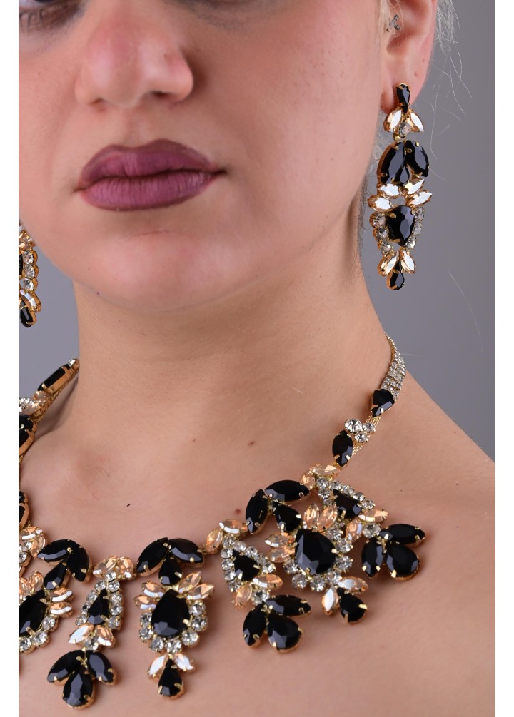 AFİFE Siyah Kristal Taşlı Kolye Seti