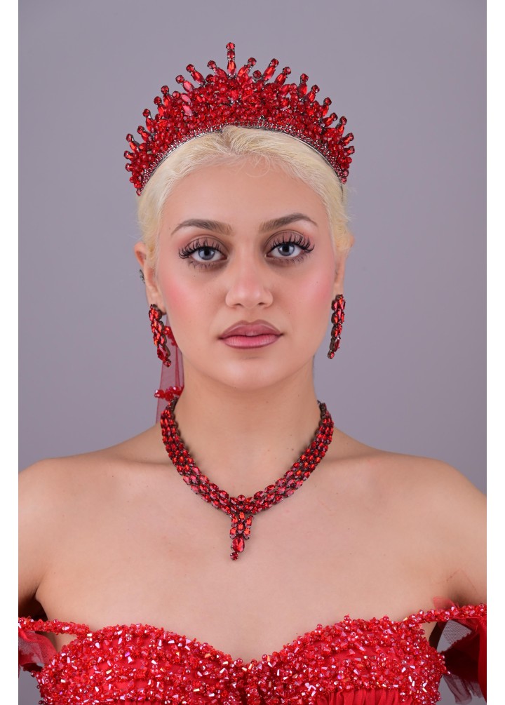 HÜRREM Kırmızı Kristal Taşlı Kına Tacı