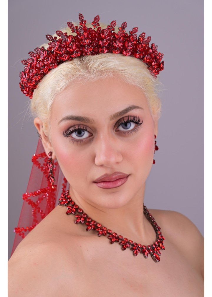HÜRREM Kırmızı Kristal Taşlı Kına Tacı