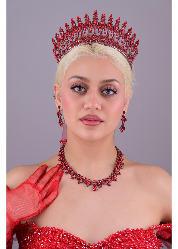 HÜRREM Kırmızı Kristal Taşlı Kına Tacı