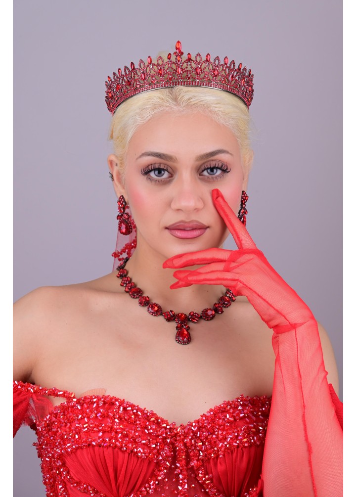 HÜRREM Kırmızı Kristal Taşlı Kına Tacı