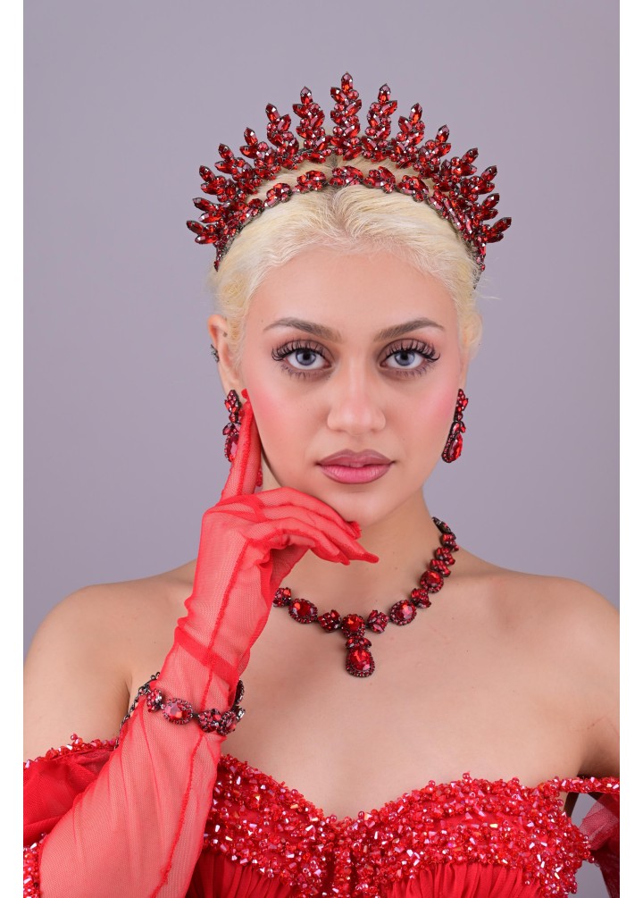 HÜRREM Kırmızı Kristal Taşlı Kına Tacı