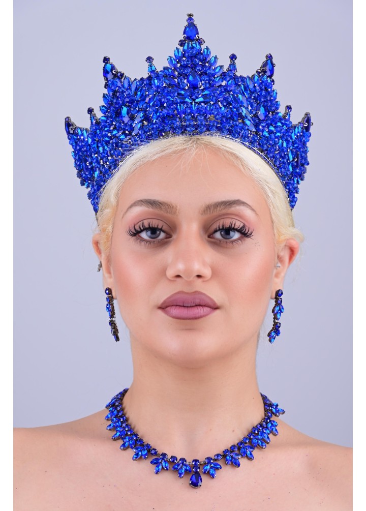 HÜRREM Saks Mavi Kristal Taşlı Kına Tacı