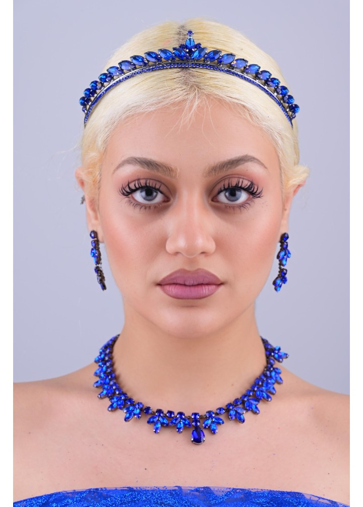 HÜRREM Saks Mavi Kristal Taşlı Kına Tacı