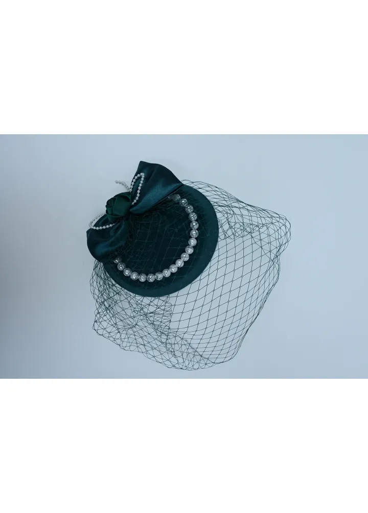 Beyaz İncili Yeşil Gelin Şapkası Kepi