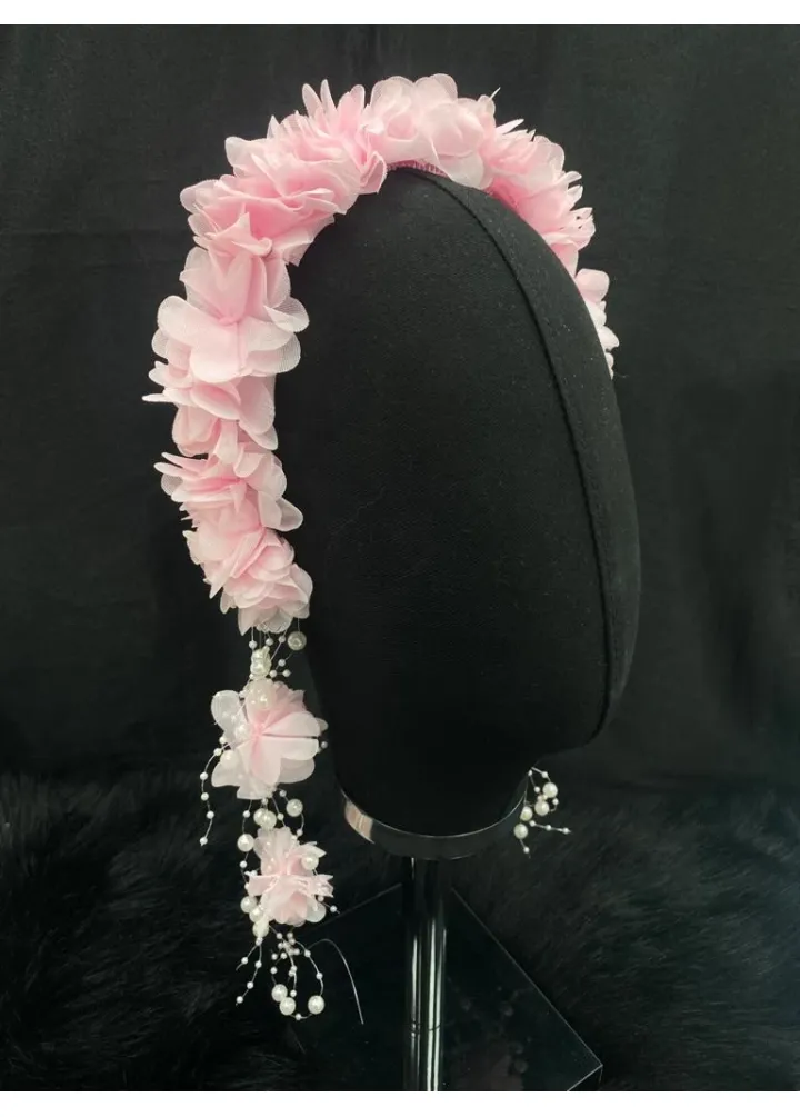Boncuklu Pembe Renk Küpeli Taç