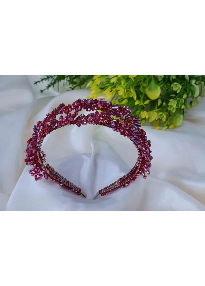 Bordo Helene Model Boncuklu Kına Nişan Tacı