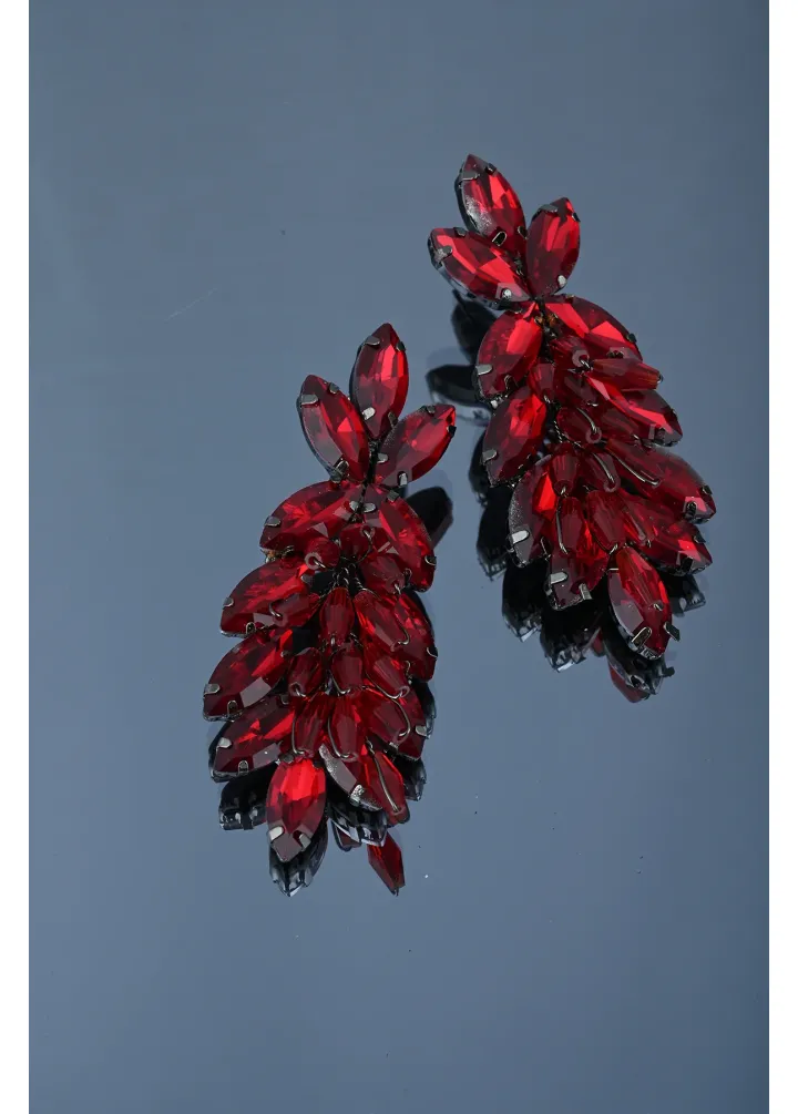 Bordo Kristal Boncuklu Ve Taşlı Küpe