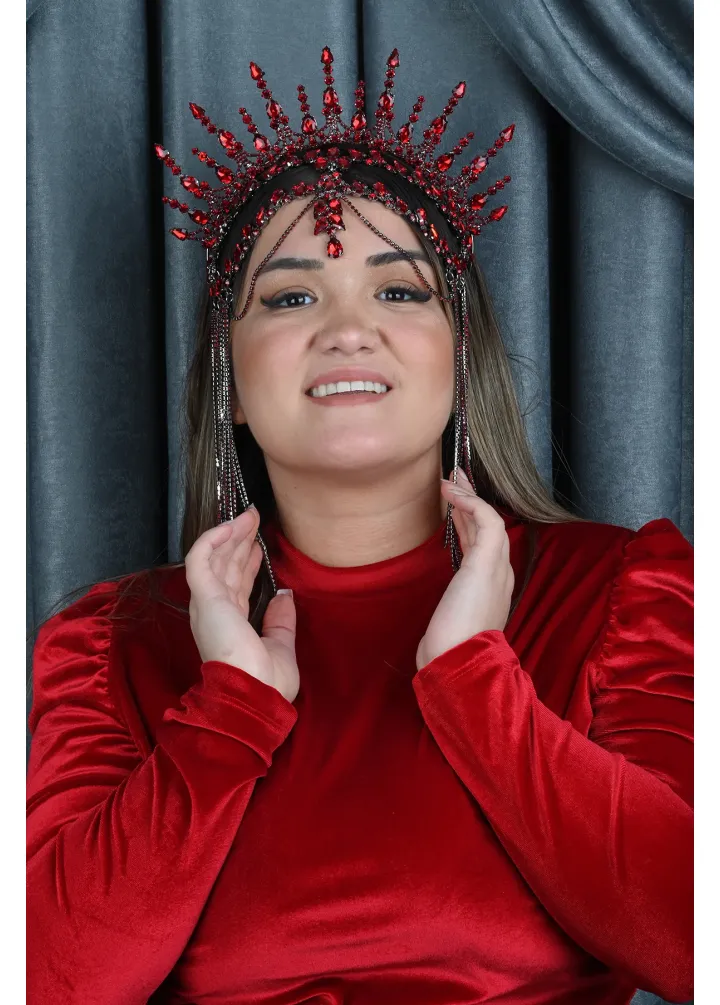 Bordo Renk Alınlıklı Kristal Taşlı After Part Tacı