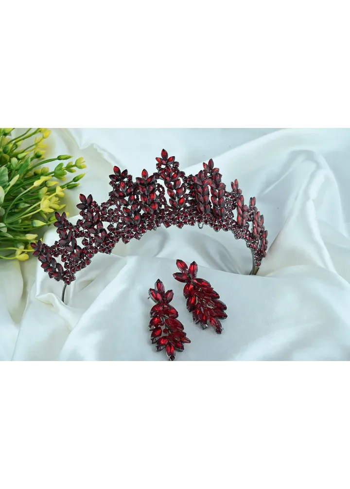 Bordo Renk Kristal Taşlı Ve Boncuklu Küpeli Set