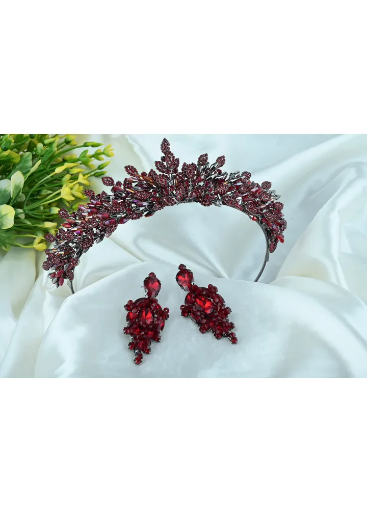 Bordo Renk Kristal Taşlı Ve Boncuklu Küpeli Set