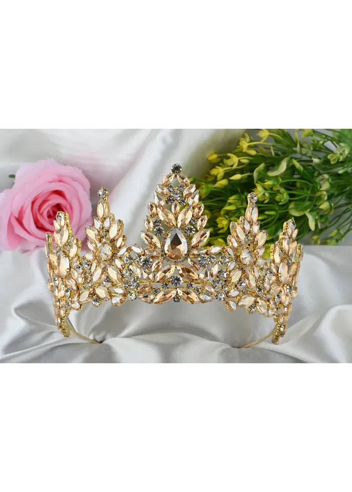 Emily Model Gold Kristal Taşlı Kına-Nişan Tacı