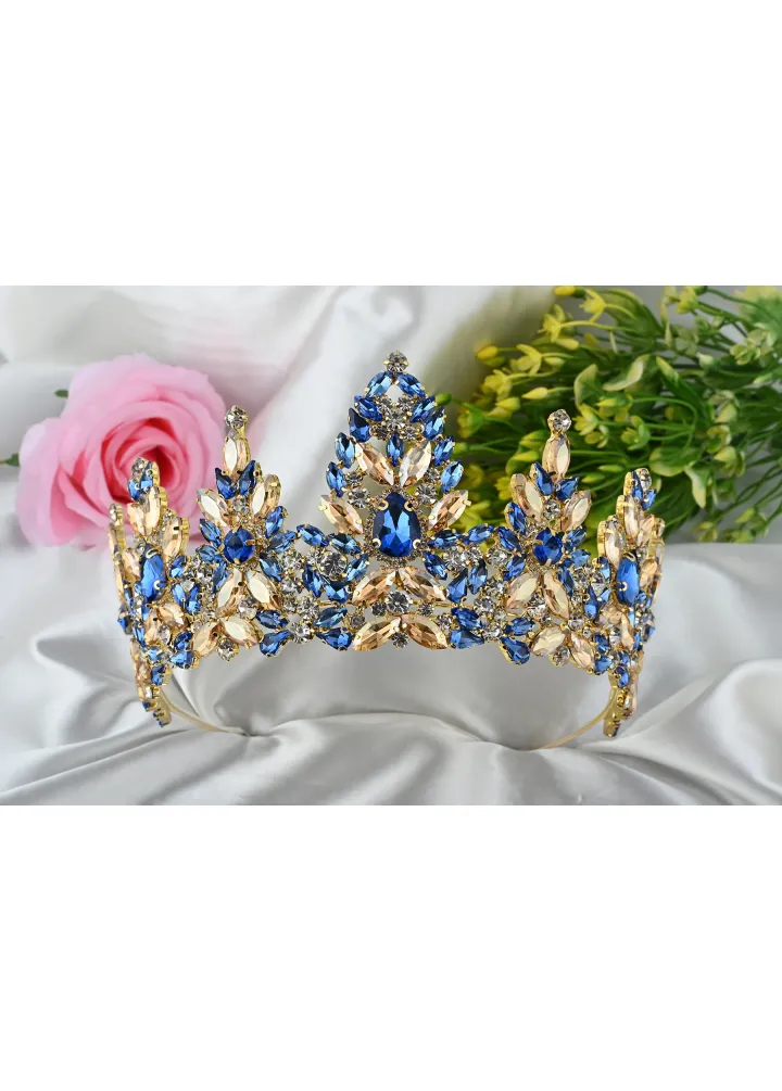 Emily Model Gold Tabanlı Saks Mavi Renk Kristal Taşlı Kına-Nişan Tacı
