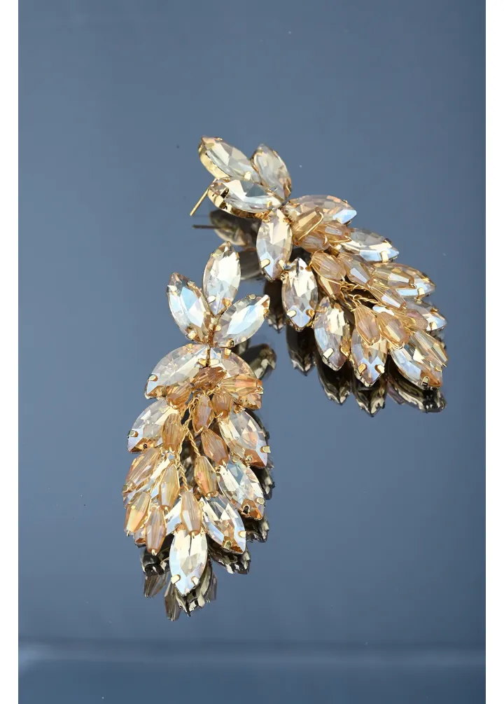 Gold Kristal Boncuklu Ve Taşlı Küpe