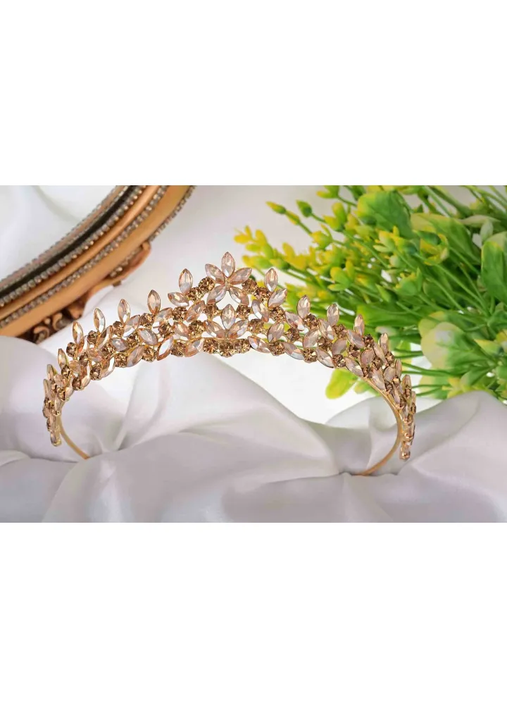 Gold Kristal Taşlı Nevres Modeli Nişan Kına Tacı