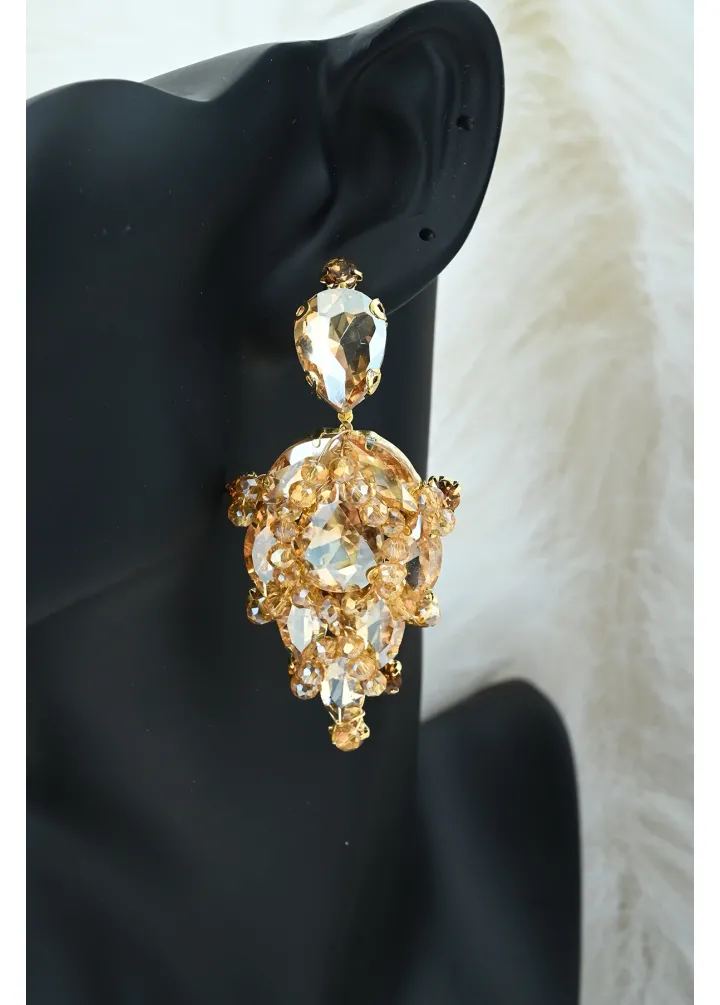 Gold Renk Kristal Boncuklu Ve Taşlı Küpe