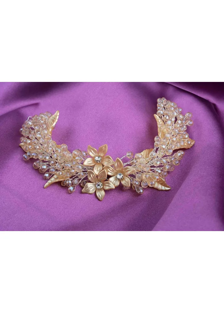 Gold Renk Kristal Boncuklu ve Çiçekli Şirin Modeli Yan Toka