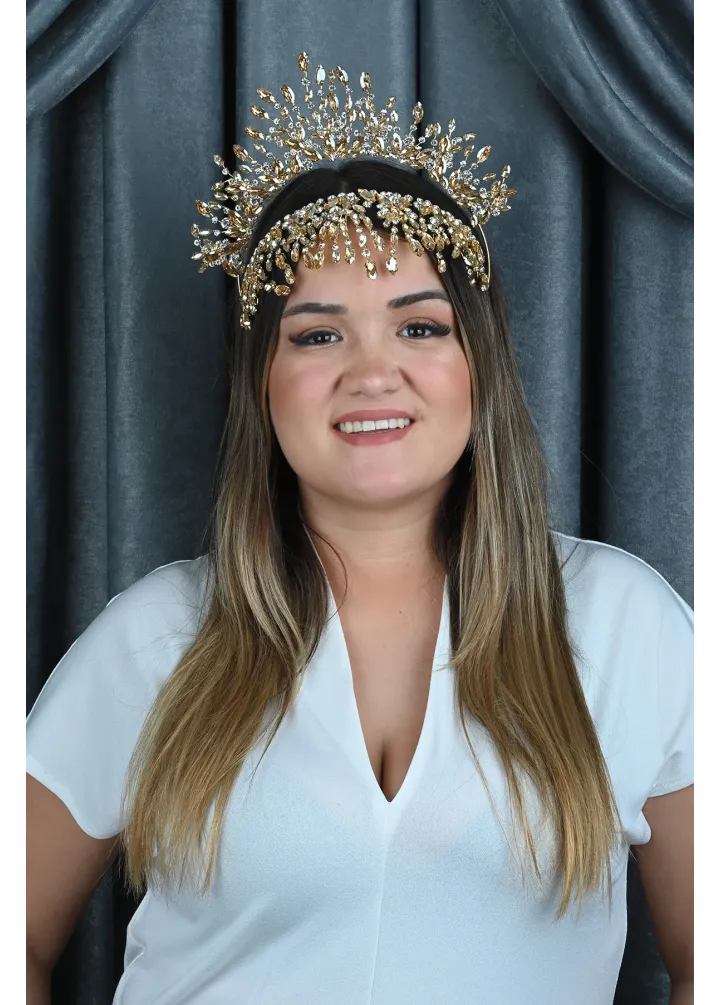 Gold Renk Kristal Taşlı After Part Tacı