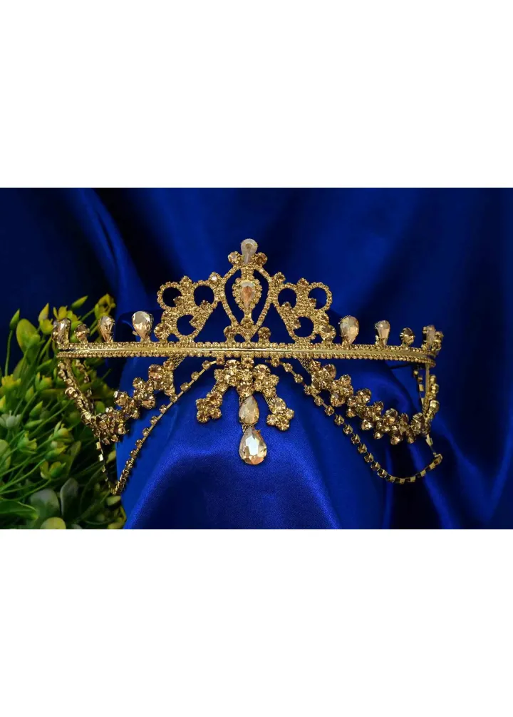 Gold Renk Kristal Taşlı Hürrem Modeli Alınlıklı Kına Nişan Tacı