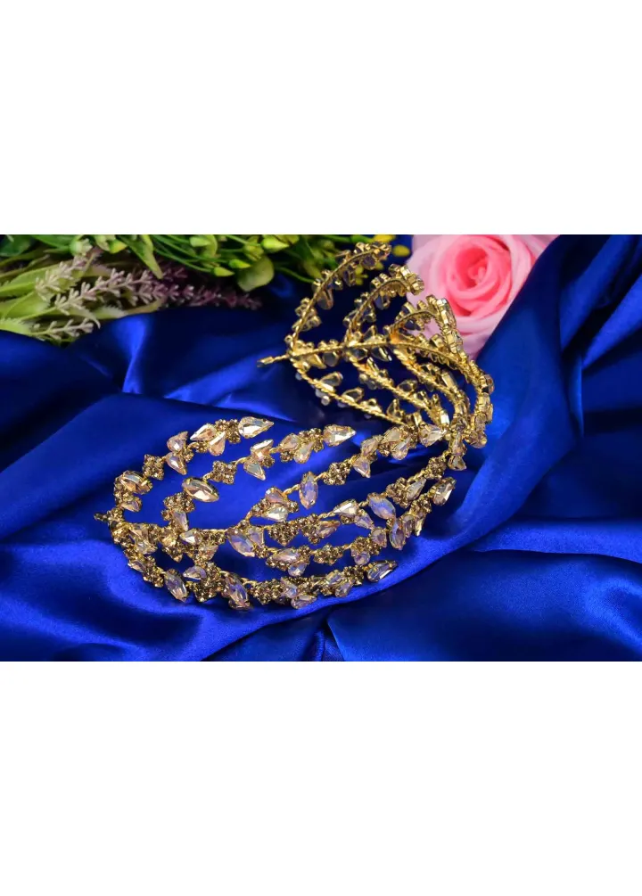 Gold Renk Kristal Taşlı Mihri Model Helenistik Kına Nişan Tacı