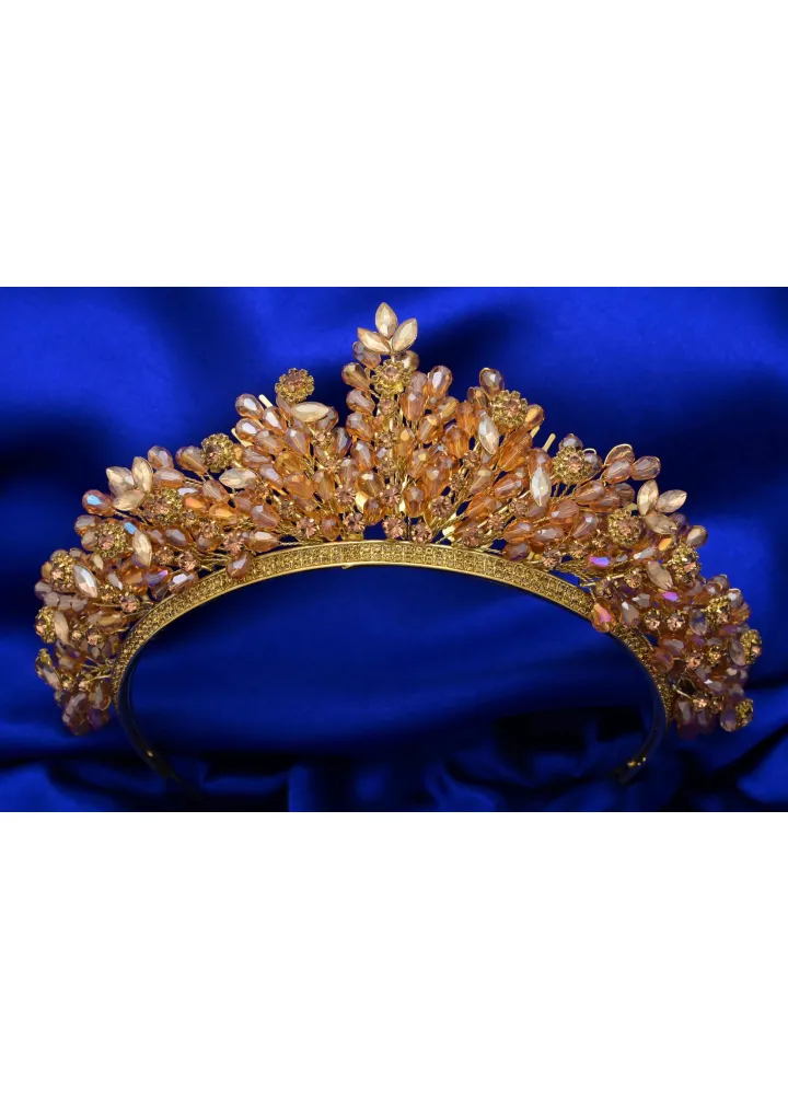Gold Renk Kristal Taşlı ve Boncuklu Nevvare Model Kına-Nişan Tacı