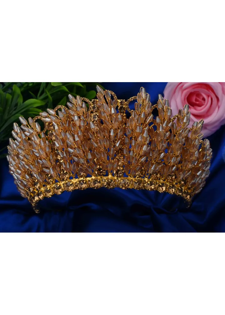 Gold Renk Kristal Taşlı ve Kristal Boncuklu Cleopatra Model Kına-Nişan Tacı