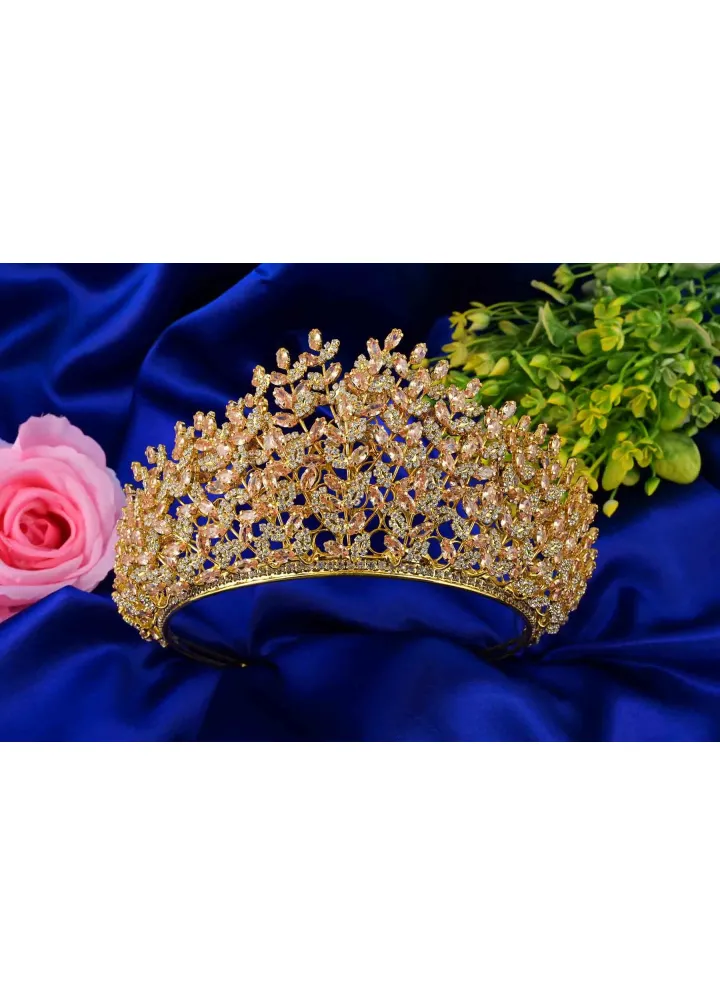 Gold Renk Zirkon Taşlı Dilruba Model Serimizin Büyük Boy Düğün Tacı