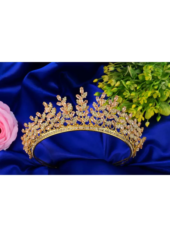 Gold Renk Zirkon Taşlı Dilruba Model Serimizin Orta Boy Düğün Tacı