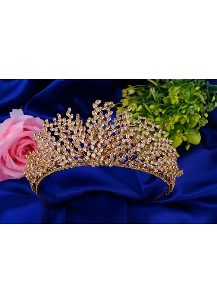 Gold Renk Zirkon Taşlı Gamze Model Kına Nişan Tacı