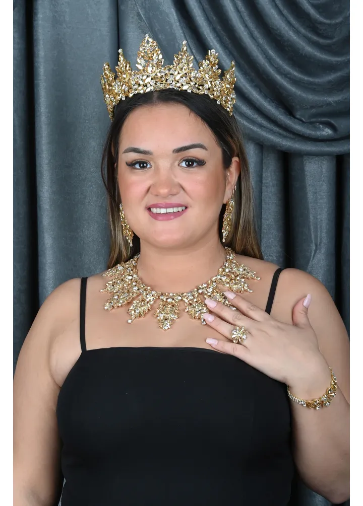 Gold Renkli Kristal Taşlı Kına Nişan Taç Ve Kolye Seti