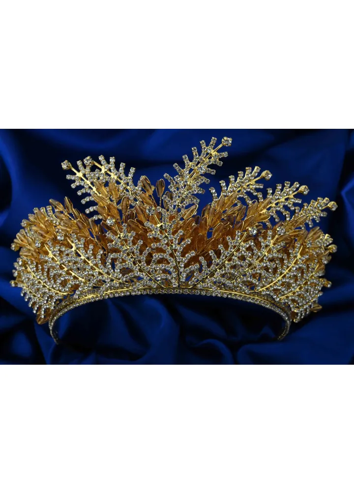 Gold Tabanlı Beyaz Renk Kristal Taşlı ve Kristal Boncuklu Catherine Model Kına-Nişan Tacı