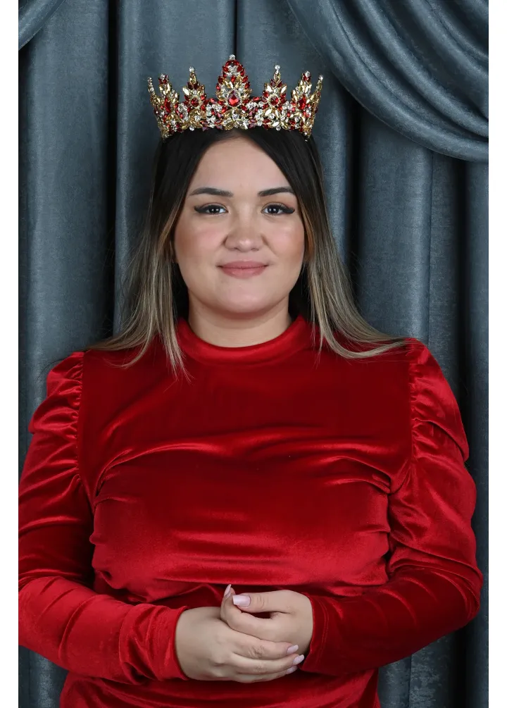 Gold Tabanlı Bordo Renk Kristal Taşlı Kına Nişan Tacı