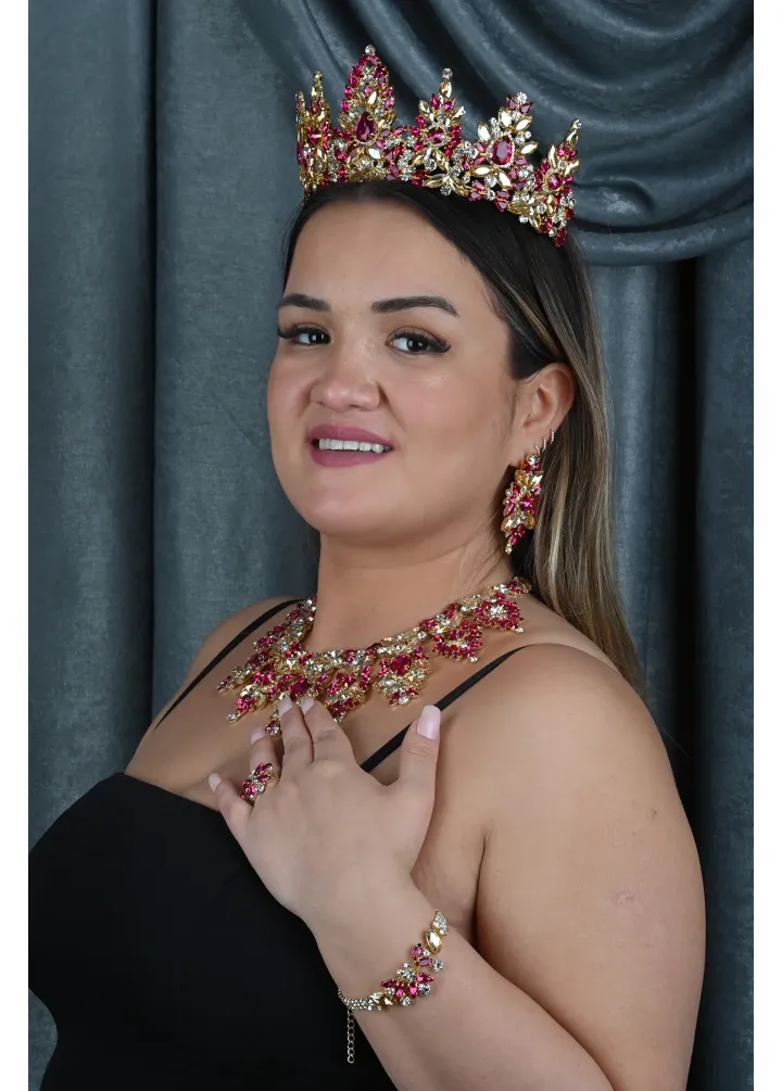 Gold Tabanlı Bordo Renkli Kristal Taşlı Kına Nişan Taç Ve Kolye Seti