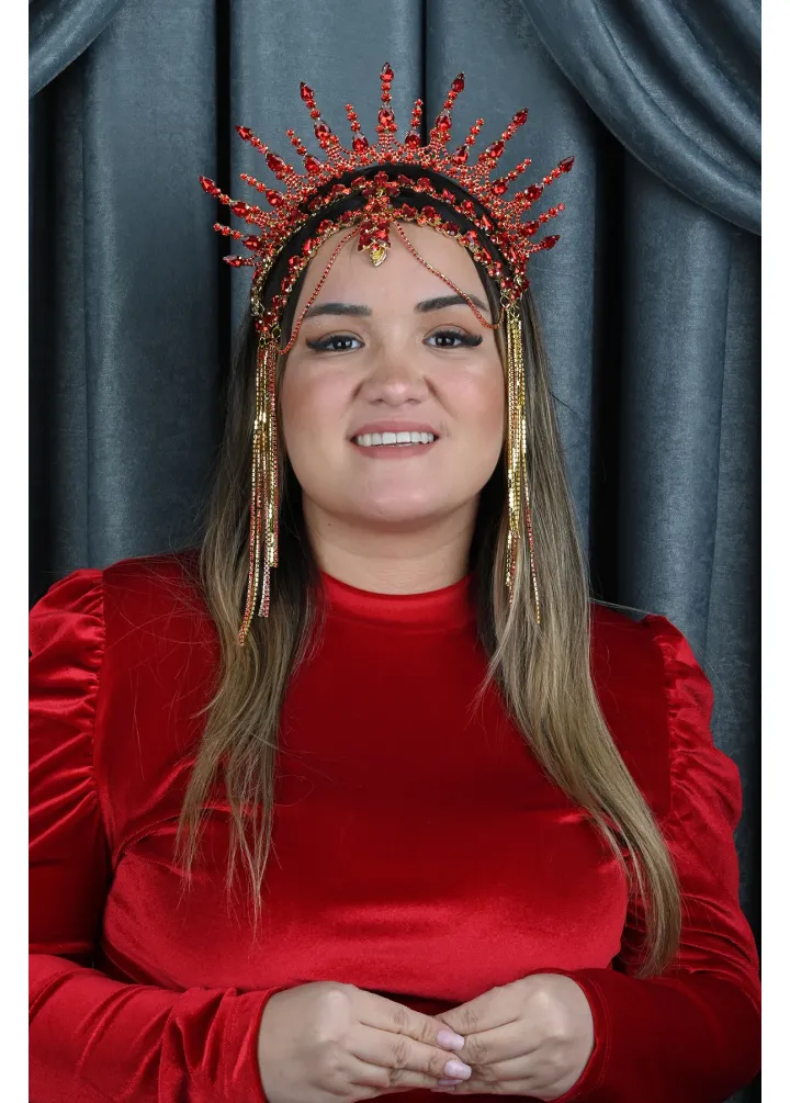 Gold Tabanlı Kırmızı Renk Alınlıklı Kristal Taşlı After Part Tacı
