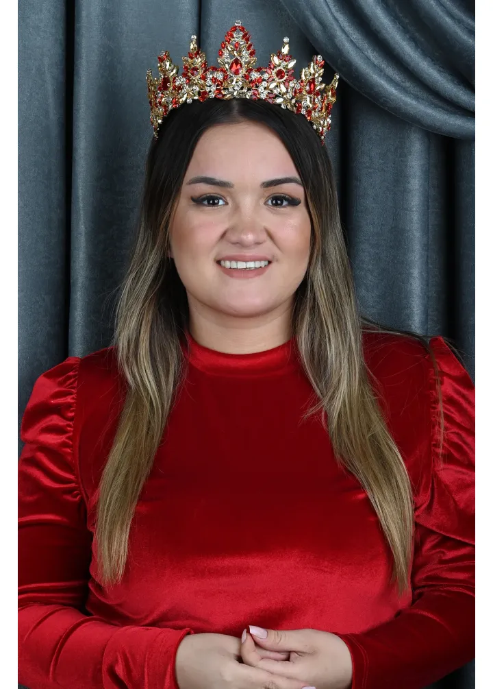 Gold Tabanlı Kırmızı Renk Kristal Taşlı Kına Nişan Tacı