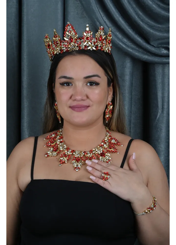 Gold Tabanlı Kırmızı Renkli Kristal Taşlı Kına Nişan Taç Ve Kolye Seti