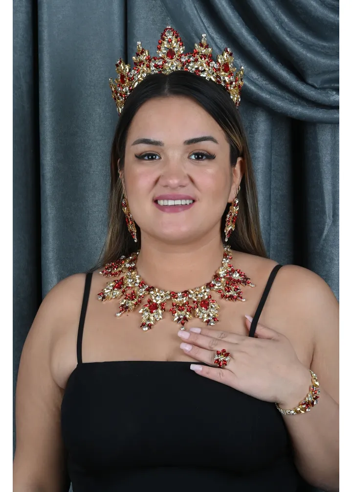 Gold Tabanlı Kırmızı Renkli Kristal Taşlı Kına Nişan Taç Ve Kolye Seti