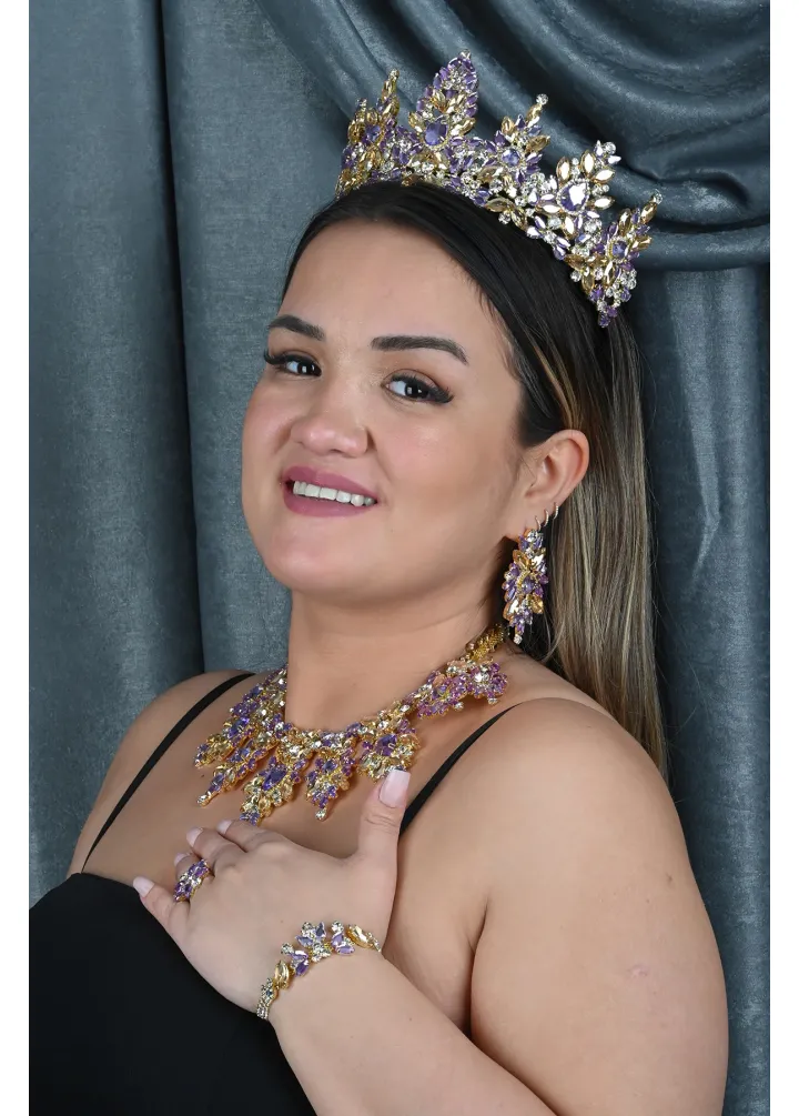 Gold Tabanlı Mor Renkli Kristal Taşlı Kına Nişan Taç Ve Kolye Seti