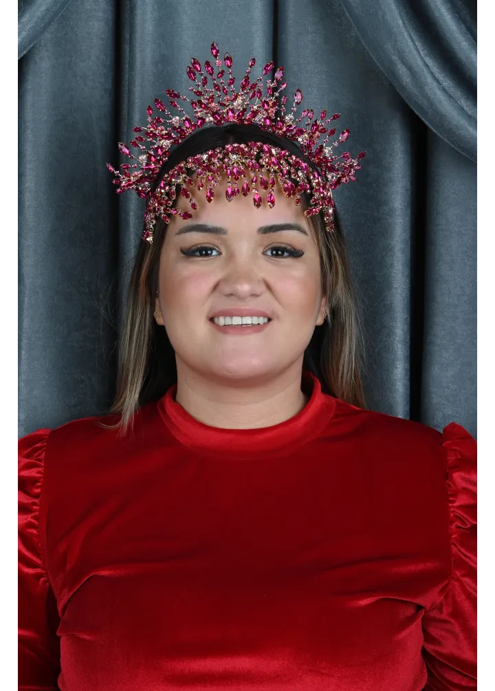 Gold Tabanlı Pembe Renk Kristal Taşlı After Part Tacı