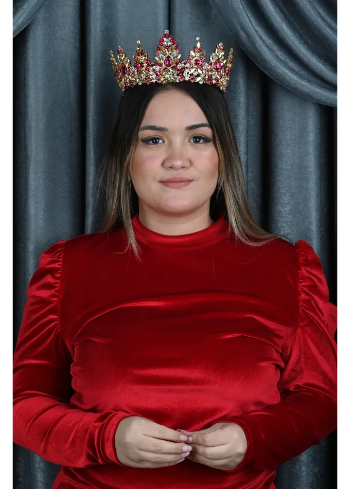 Gold Tabanlı Pembe Renk Kristal Taşlı Kına Nişan Tacı