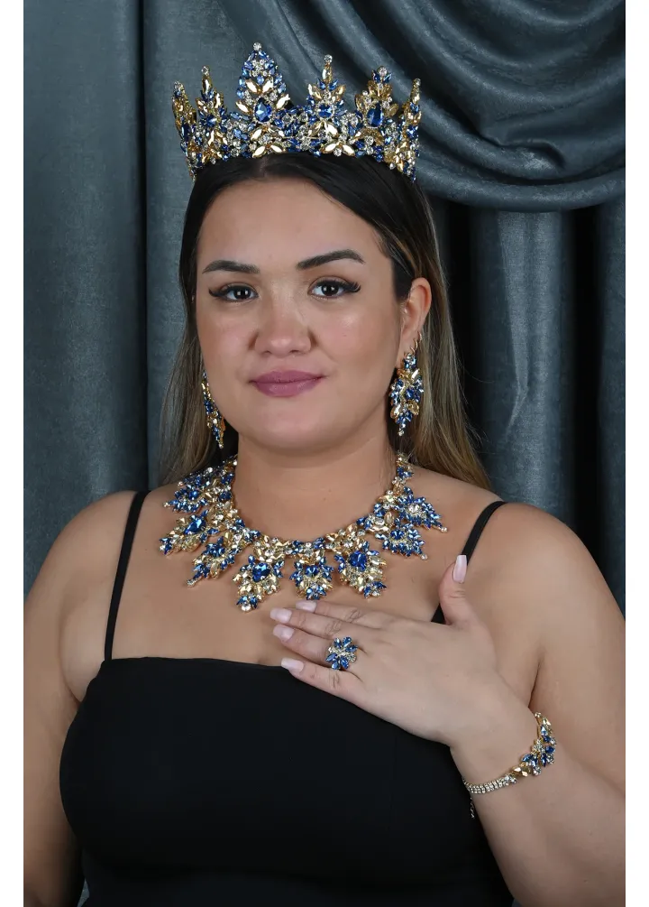 Gold Tabanlı Saks Mavi Renkli Kristal Taşlı Kına Nişan Taç Ve Kolye Seti