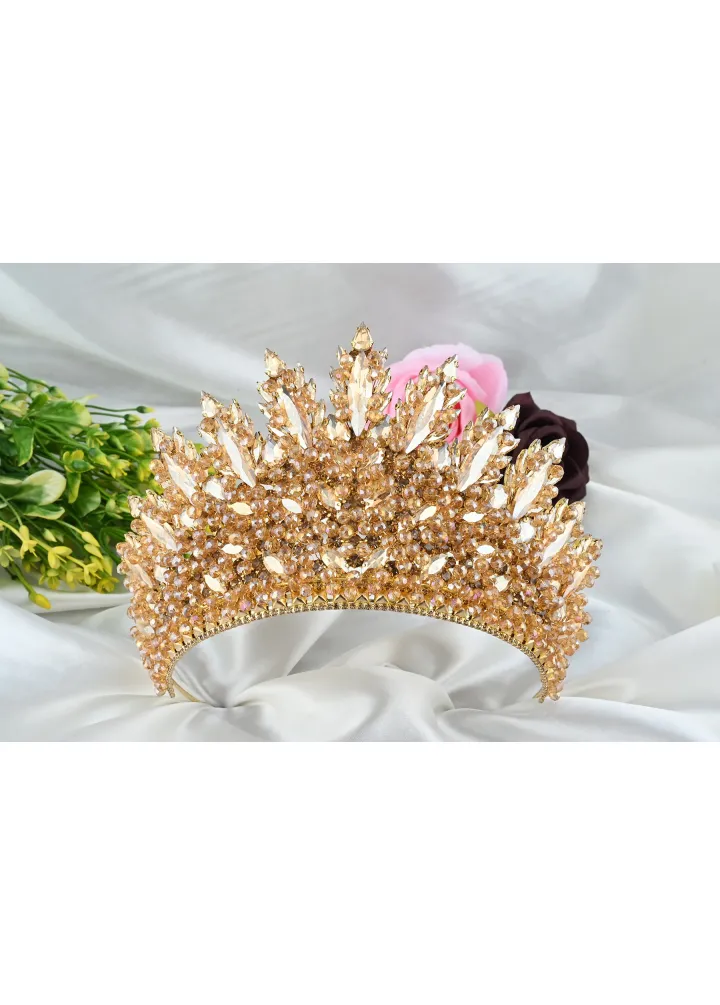 Isabella Model Gold Renk Kristal Taşlı ve Kristal Boncuklu Kına ve Nişan Tacı