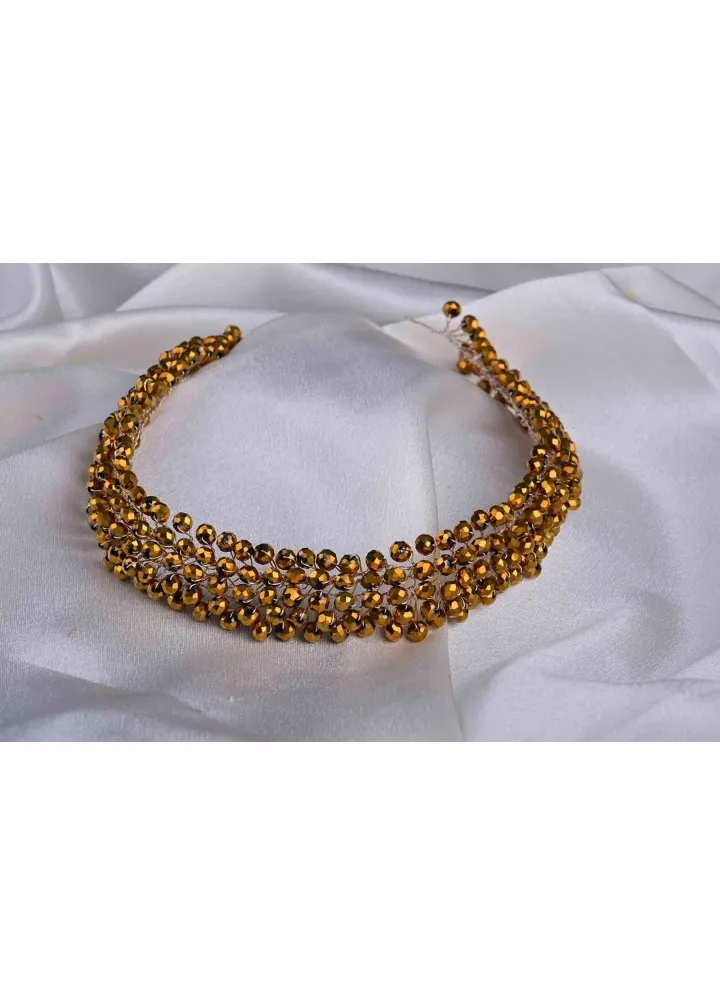 Koyu Gold Kristal Boncuklu Nisa Modeli Türban Aksesuarı