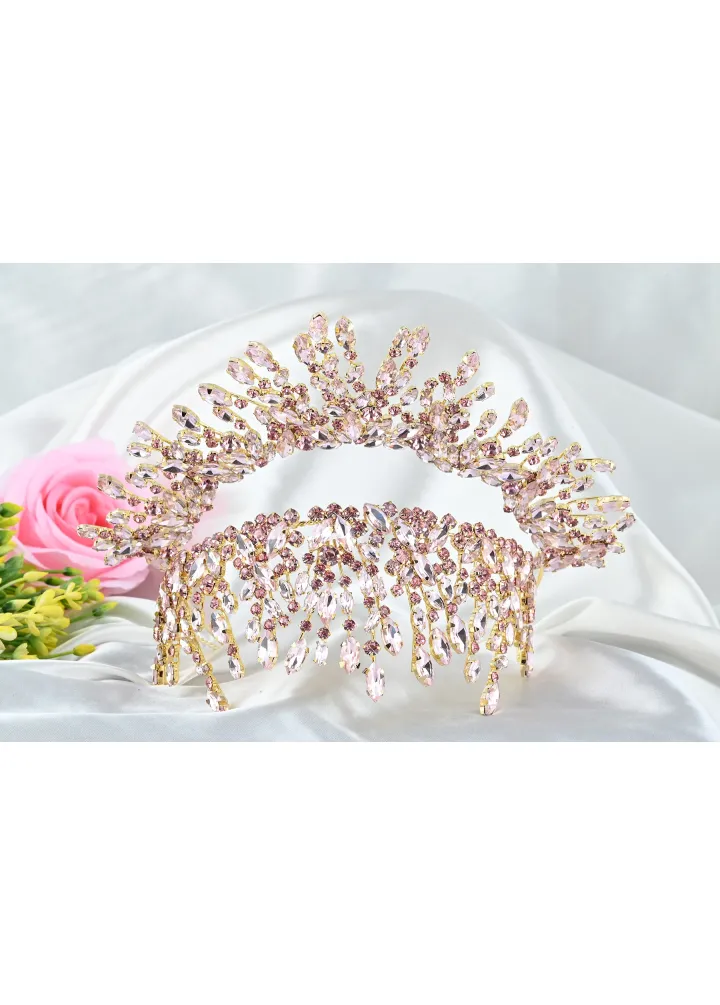 Kristal Taşlı Gold Tabanlı Pembe Renk After Parti & Kına Nişan Tacı