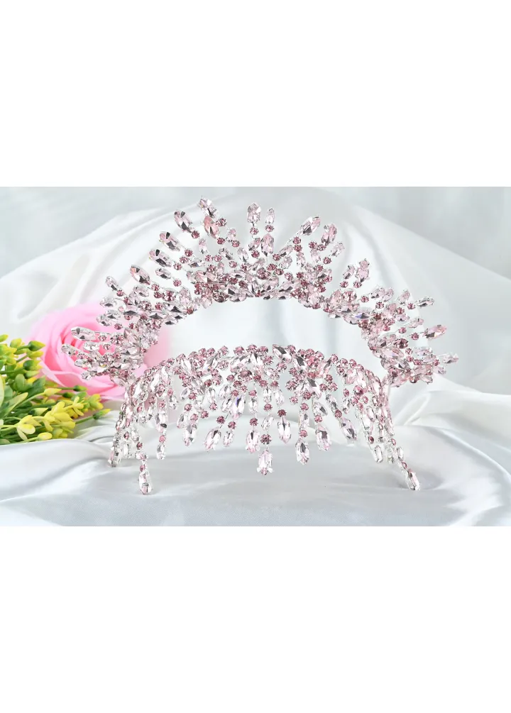 Kristal Taşlı Pudra Pembe Renk After Parti & Kına Nişan Tacı