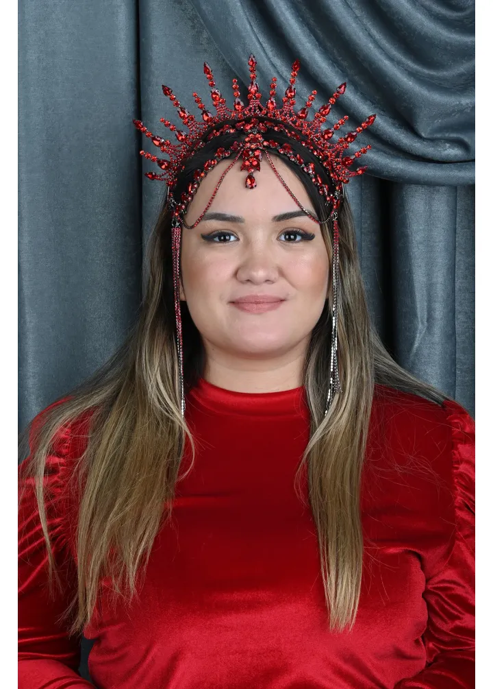 Kırmızı Renk Alınlıklı Kristal Taşlı After Part Tacı