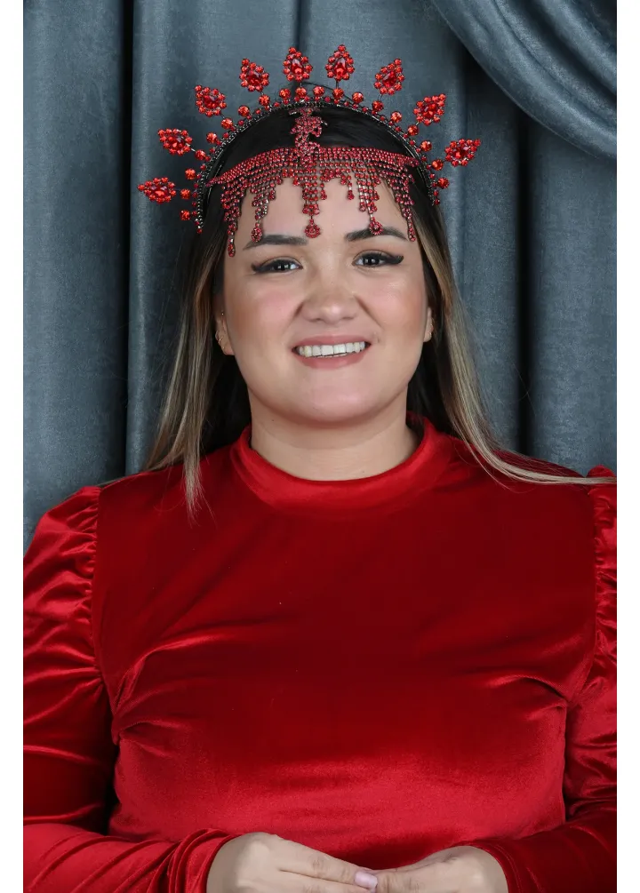 Kırmızı Renk Kristal Taşlı Alınlıklı After Part Tacı