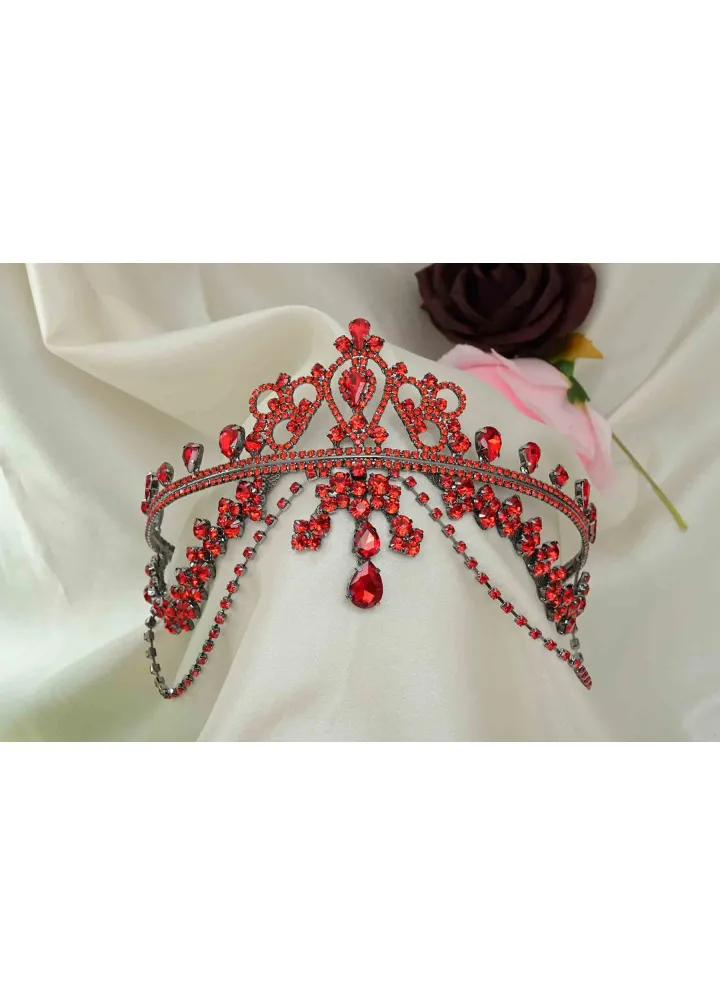 Kırmızı Renk Kristal Taşlı Hürrem Modeli Alınlıklı Kına Nişan Tacı