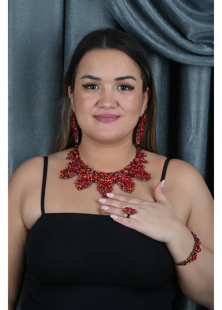 Kırmızı Renk Kristal Taşlı Kına Nişan Kolye Seti