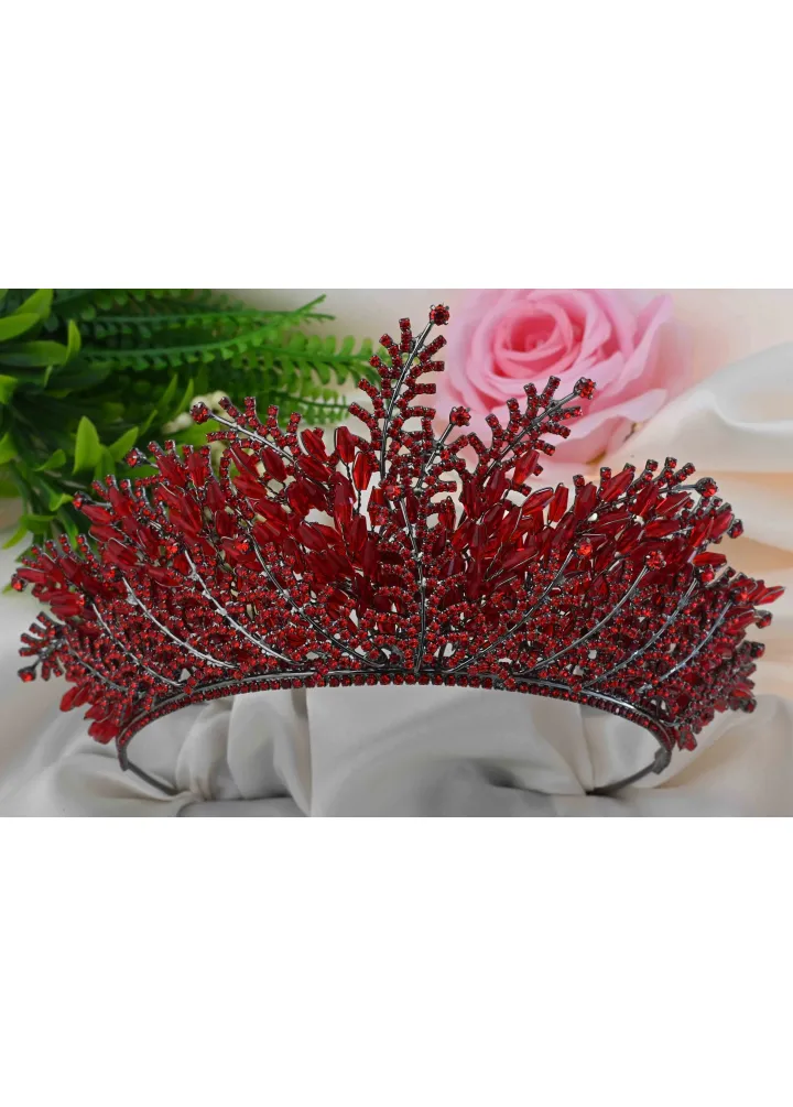 Kırmızı Renk Kristal Taşlı ve Kristal Boncuklu Catherine Model Kına-Nişan Tacı